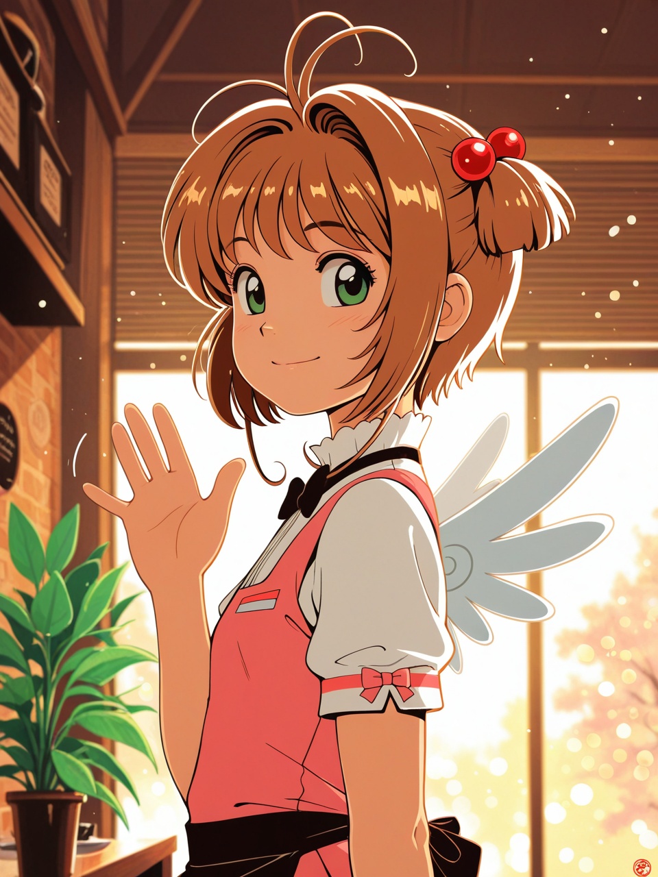 kinomoto sakura,  coffee shop waiter,  pink top wear on Tensor.Art