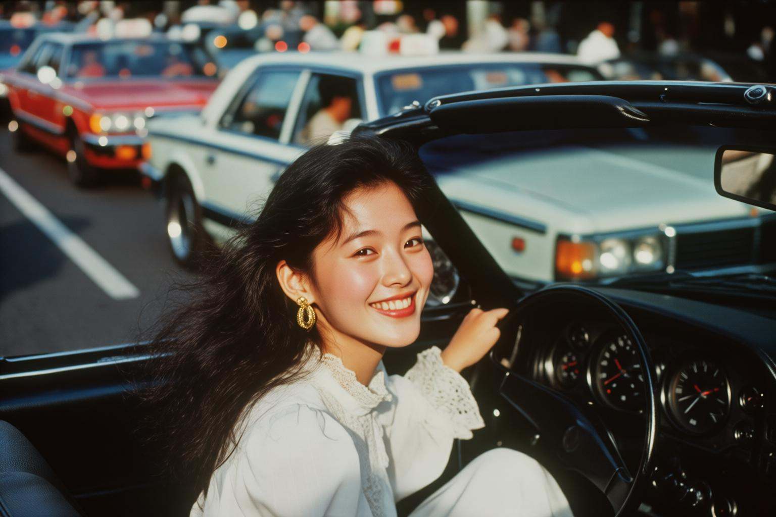 midjourneyanalog9 photograph.A 1980s young Japanese woman,  shown in side profile,  sits in the driver's seat of a convert...
