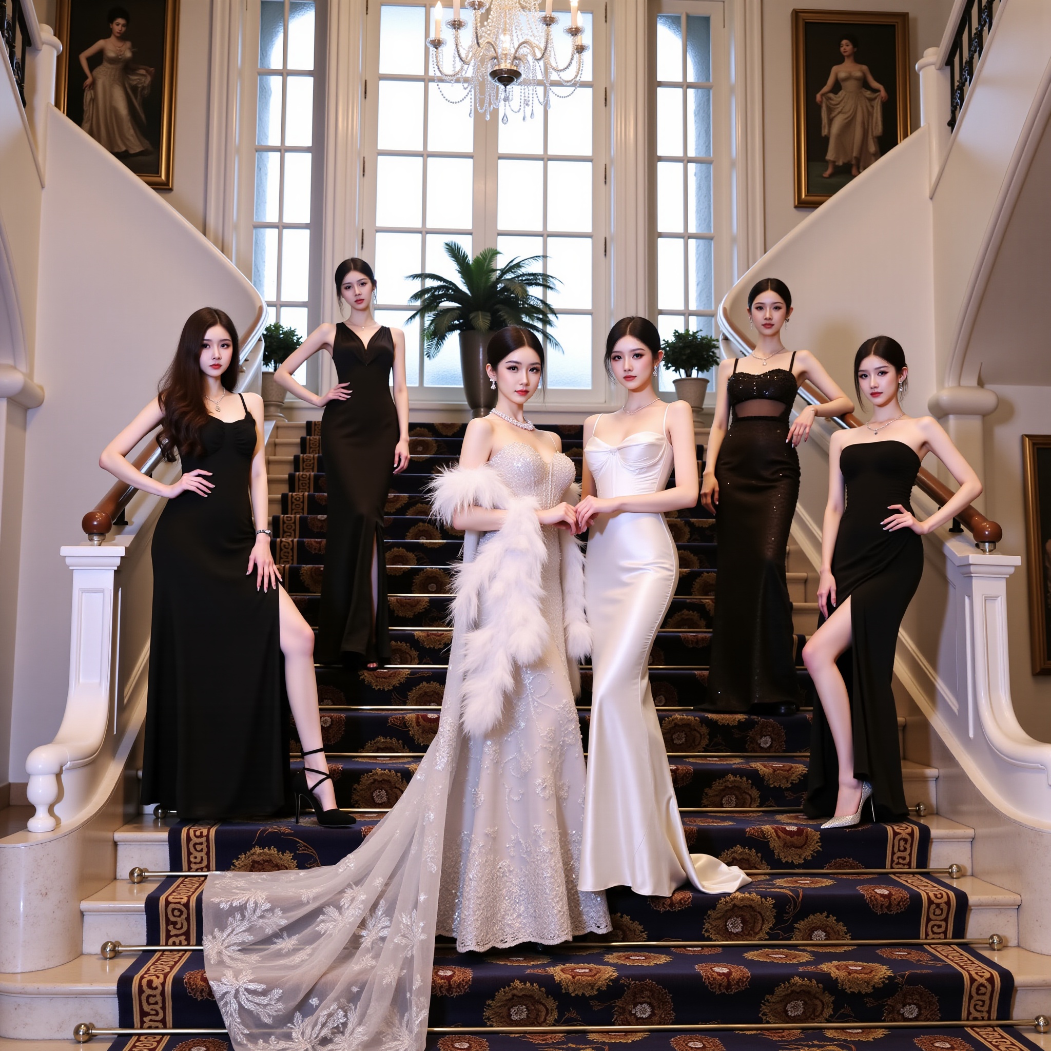 This is a high-resolution photograph of five women posing elegantly on a grand staircase in an opulent, luxurious setting. The staircase is adorned with intricate, dark blue and gold carpeting, and the walls are adorned with ornate wallpaper. The women are dressed in elegant evening gowns, with the woman on the far left wearing a floor-length, off-the-shoulder black gown with a slit, and the woman on the far right wearing a sleek, form-fitting black dress. The woman in the center is wearing a stunning, off-the-shoulder, white gown with a long train and a large, white feather boa draped over her shoulders. Her gown is adorned with intricate, sparkling silver embroidery. The staircase is flanked by a chandelier hanging from the ceiling, and a large window behind the group allows natural light to flood the scene, enhancing the grandeur of the setting. The women are positioned with one standing on each step, creating a sense of symmetry and elegance. The photograph captures the sophistication and glamour of an elegant event, possibly a formal occasion or a fashion show.<lora:紫色韵味FLUX:1>