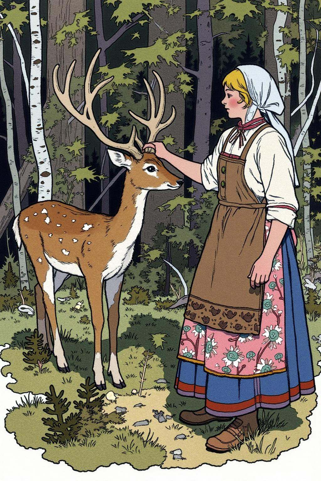 ivanbilibin1 illustration. A serene,  forest scene with a young girl and a deer. The girl,  dressed in a white pinafore dr...