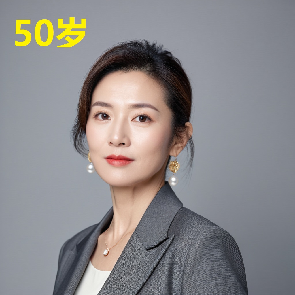 leogirl,A 48-year-old woman,portrait photo,facial focus,photo taken,fashionable and simple,Chinese ethnicity,soft gray background,natural lighting,high-resolution clarity,contemporary portrait,gentle,fashionable and avant-garde,simple accessories,details with strong contrast between skin color and neutral background,looking at the audience,