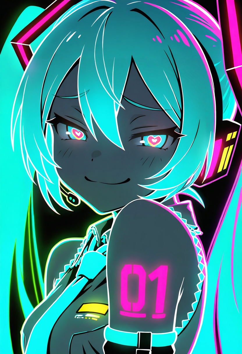 Hatsune Miku,  limited palette,  black background on Tensor.Art