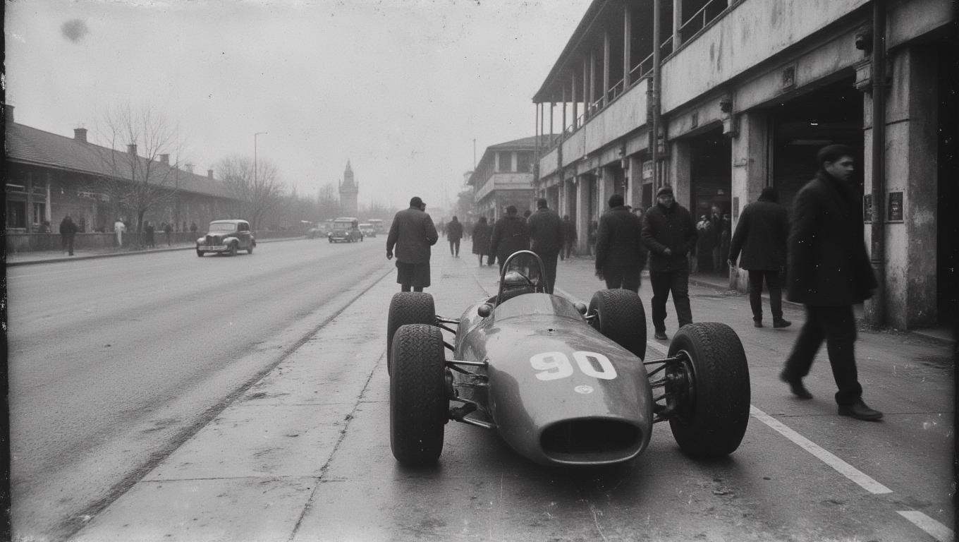 35mm B&W vintage street photo of an old F1 Car on a pit lane on Tensor.Art