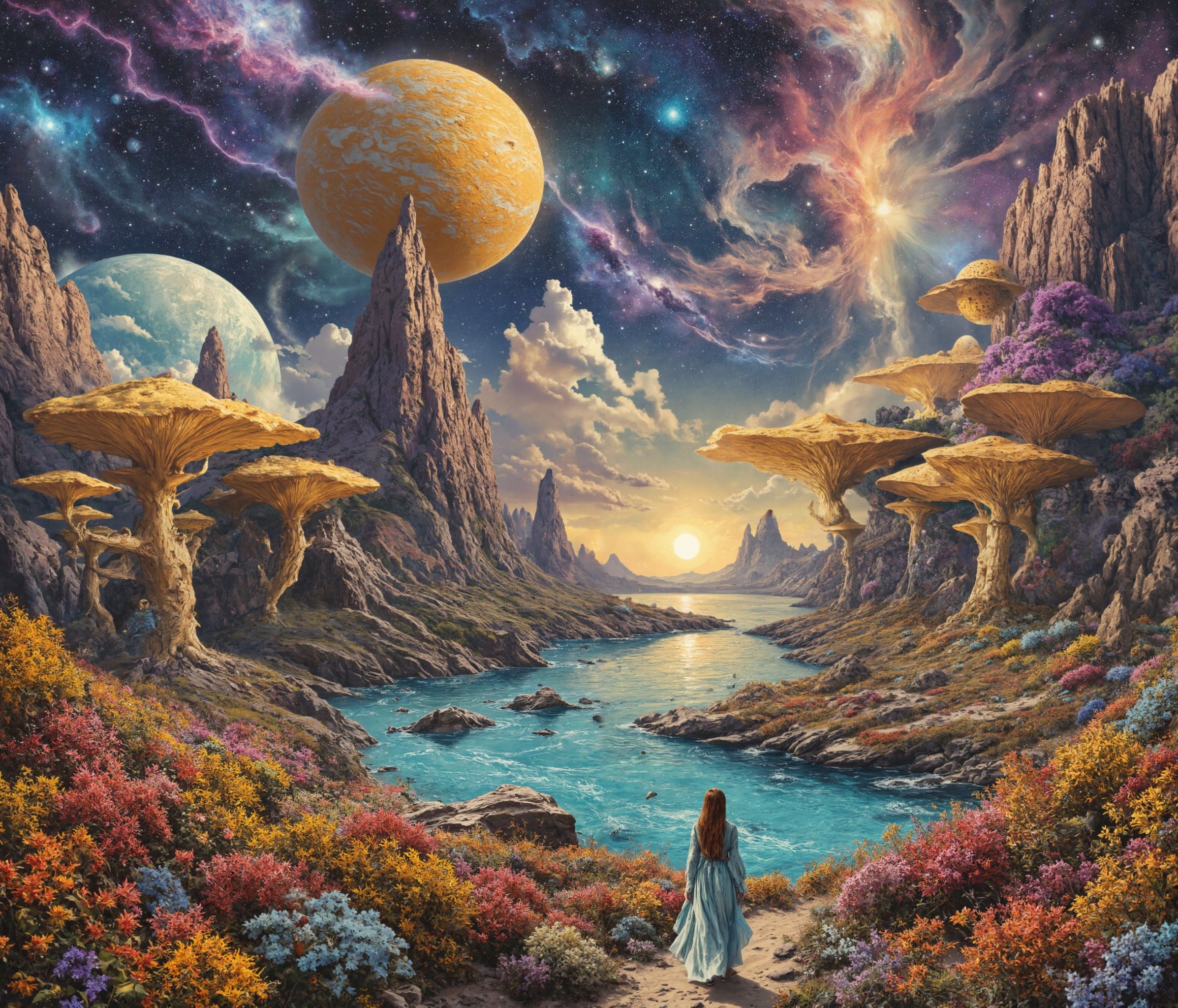 The image is a breathtakingly surreal and vividly detailed alien landscape,  seemingly inspired by science fiction and psy...