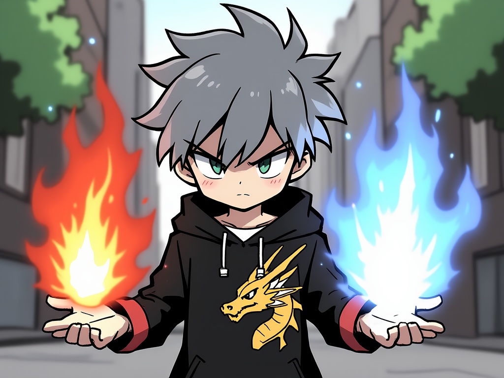 (masterpiece:1.2),(extremely detailed:1.2),(best quality:1.2),(high quality:1.2),(official art:1.2),jbh,Anime-style drawing,Anime-style drawing of a young boy with spiky,silver hair and serious expression,standing in an urban setting with a blurred background of buildings and a green tree. He is wearing a black hoodie with a golden dragon on the chest and red trim on the sleeves. His hands are outstretched,each holding a different type of flame: one hand has a red flame,and the other has a blue flame. The flames are depicted with a dynamic and energetic style,with bright highlights and detailed shading. The lighting is bright and even,with no harsh shadows. The camera angle is straight-on,<lora:古风简笔画-autodl-11.26-7:1>,capturing the boy from the waist up. The overall color palette is muted,with the flames being the most vibrant elements in the image. The style is clean and polished,with smooth lines and a focus on the character's intense expression.,