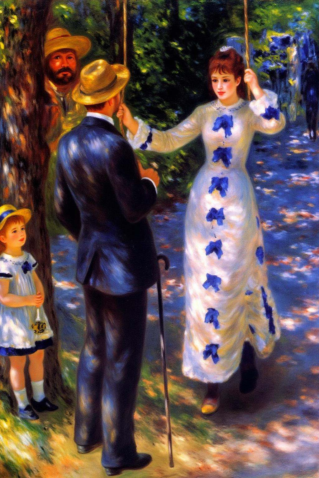 pierreaugusterenoir1 painting. On the right is a woman in a white dress with blue bows,  standing on a swing with her hand...