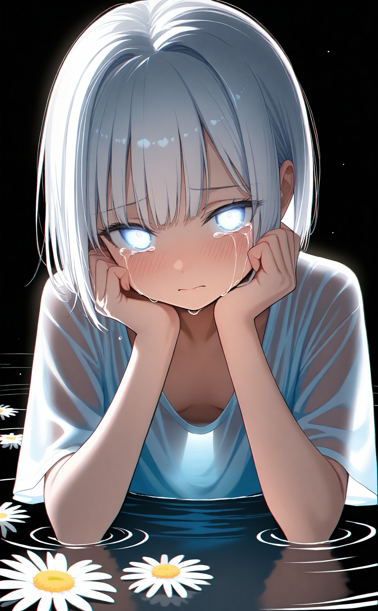 masterpiece,best quality,high quality,loli,(chromatic aberration),(beautiful young female:1.4),(streaming tears),sad,(daisy),(daisy),(daisy),looking at viewer,partially submerged,both hands on own cheek,{see-through long shirt},{no bra},(white hair, short hair, bangs:1.2),(glowing eyes),ripples,dark water,black background,(prismatic),