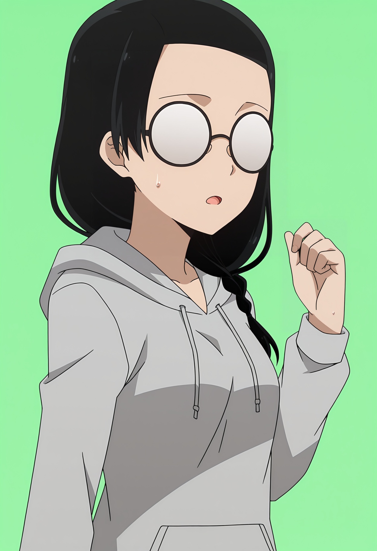 <lora:Kobachi Osaragi_illustrious-000022:1>,Kobachi Osaragi,glasses,hoodie,hood,green background,braid,opaque glasses,grey hoodie,sweatdrop,upper body,hand up,open mouth,hood down,drawstring,simple background,long sleeves,solo,anime screencap,