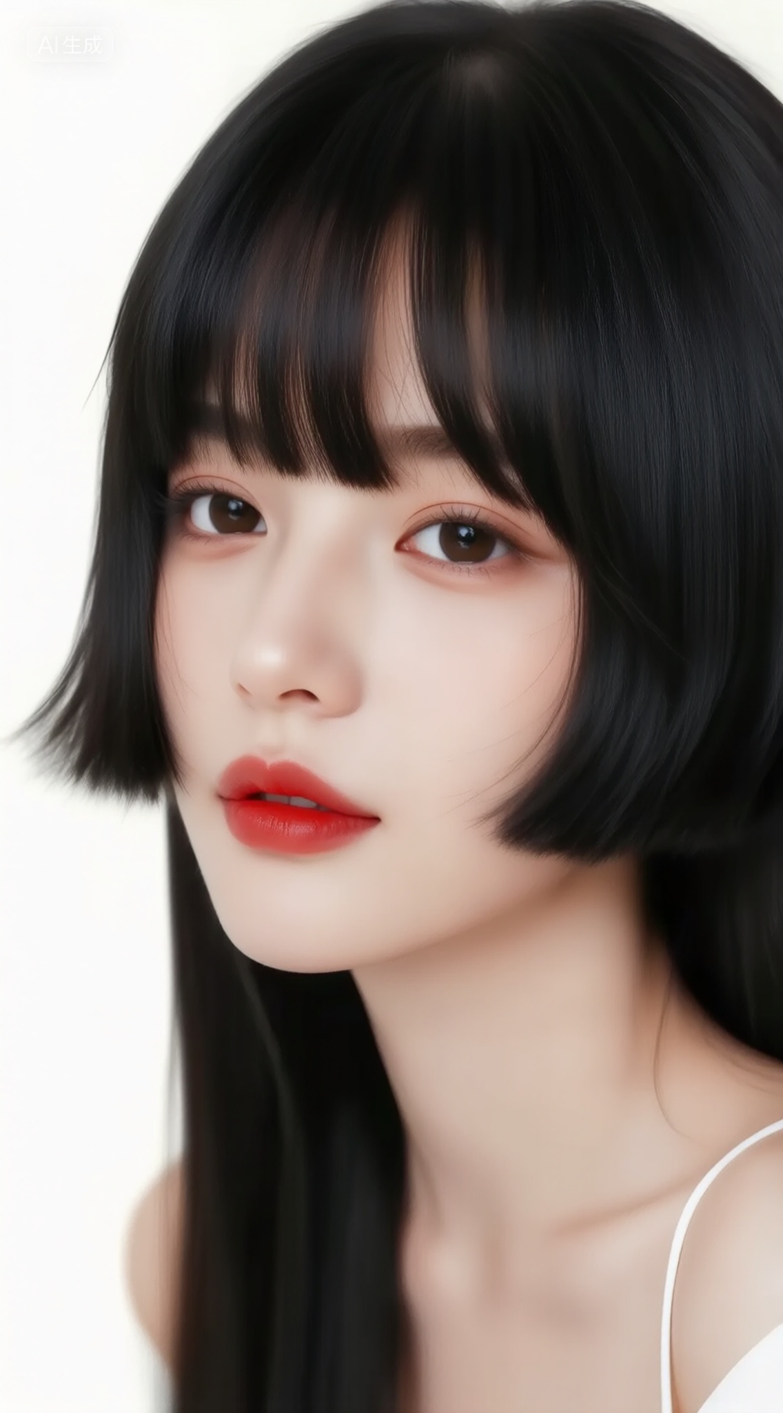 this image features a person with long,  sleek black hair styled with bangs,  the individual has a soft on Tensor.Art
