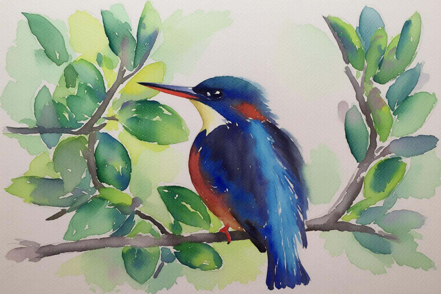 watercolorbasic2q watercolor painting.A kingfisher perched on a branch,  positioned slightly to the left of center,  with...