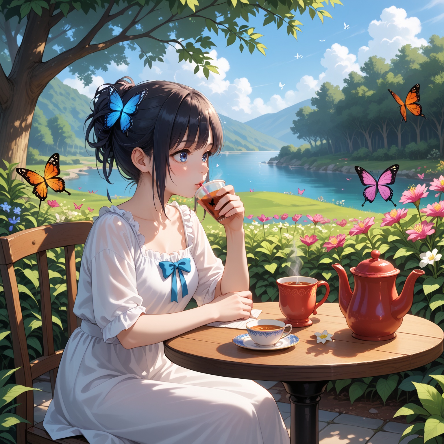 sipping tea in a tranquil garden setting,  butterflies fluttering around on Tensor.Art