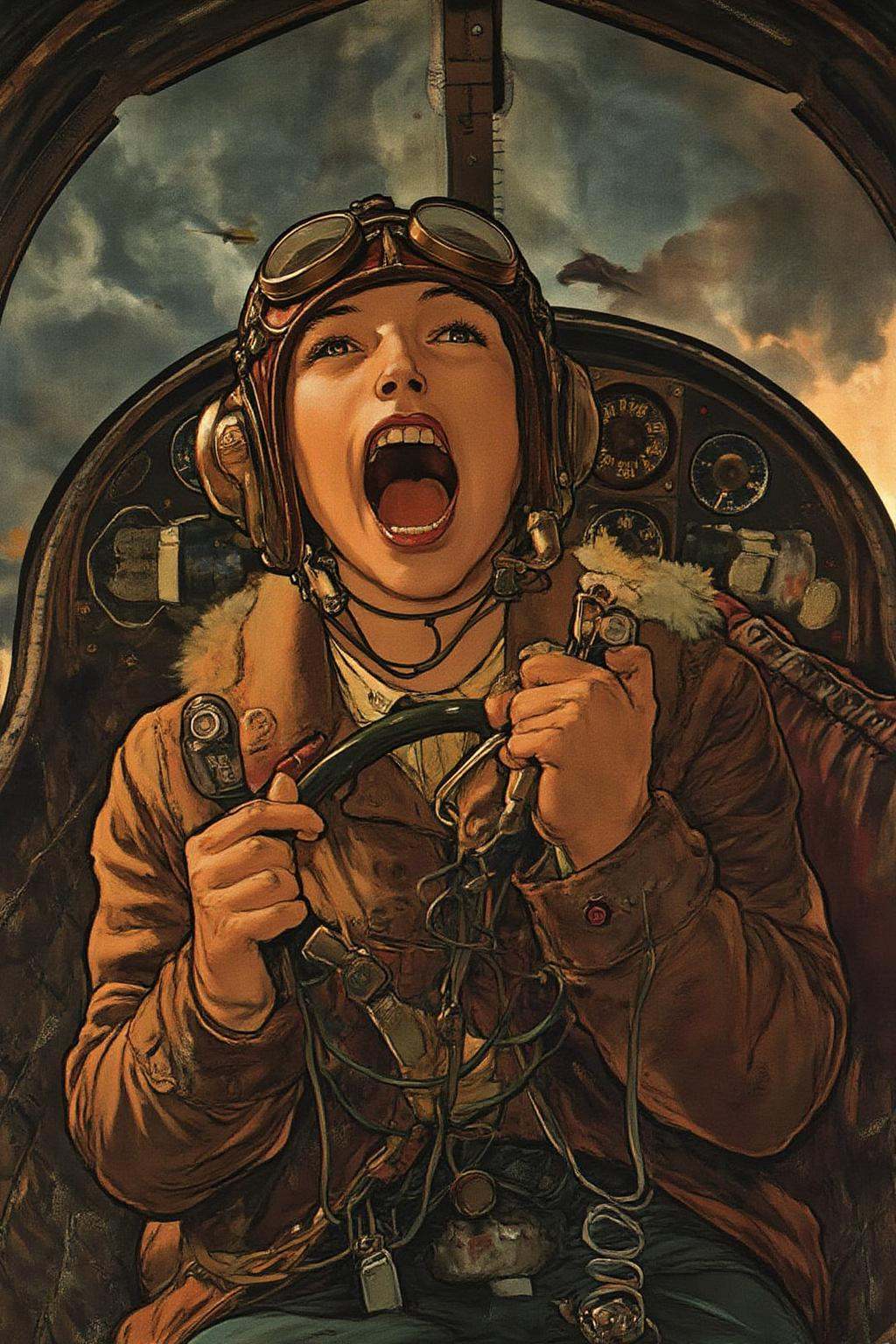 mucha1 Art Nouveau illustrationa female pilot screaming inside the cockpit of a WWII bomber. The pilot,  wearing a vintage...