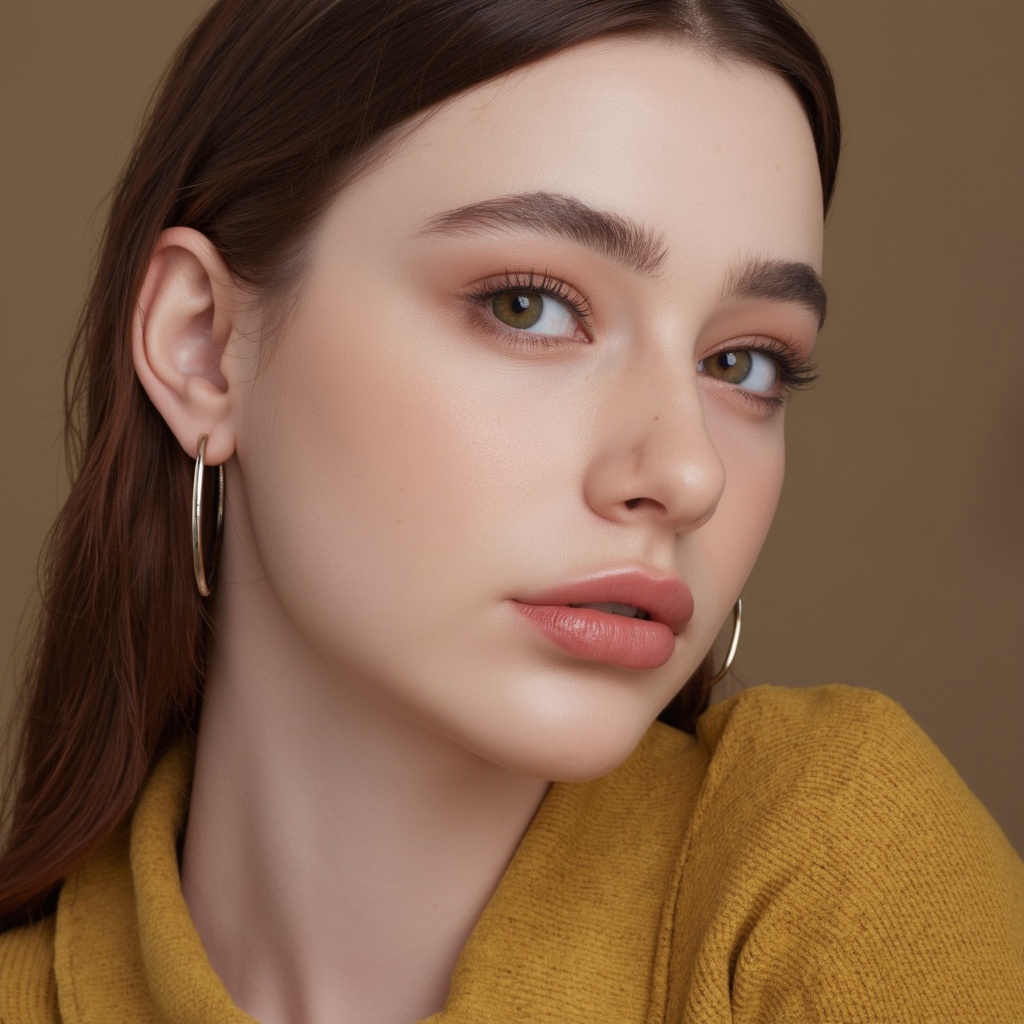 A close-up portrait of dasha_taran with a neutral expression. She has long,  wavy brown hair and wears large,  silver hoop...