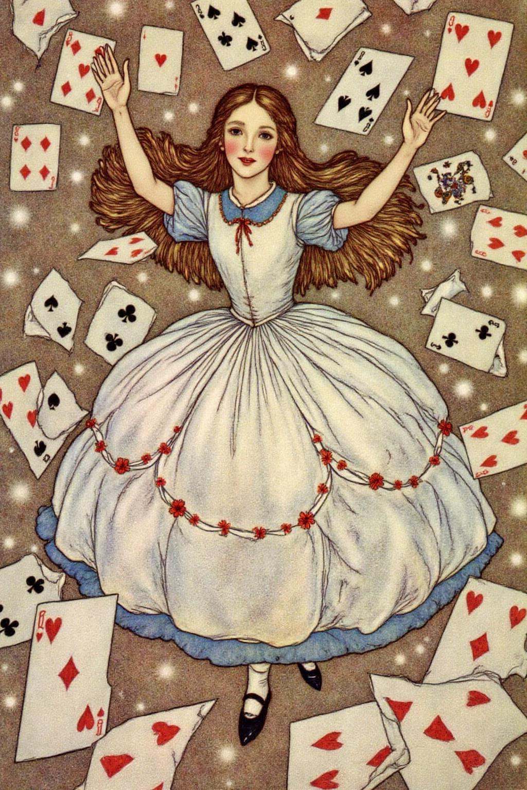 dulac1 illustration. A scene from "Alice's Adventures in Wonderland." The central figure is a young girl,  Alice,  with lo...