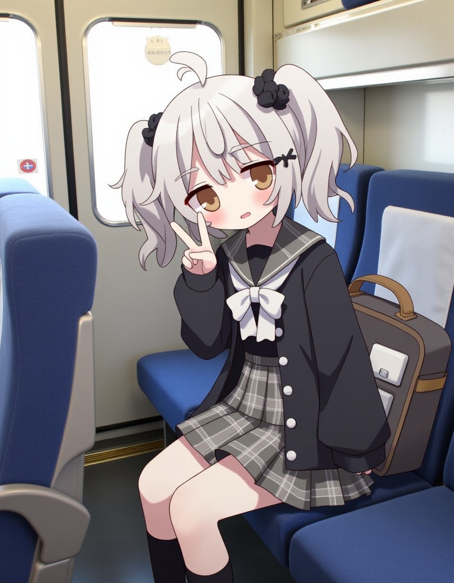 1girl, 1girl,tpcyb, grey skirt, skirt, solo, hair ornament, sailor collar, brown eyes, black socks, grey sailor collar, socks, open clothes, shirt, long sleeves, smile, twintails, v, feet out of frame, plaid, bag, ahoge, hairclip, puffy sleeves, puffy long sleeves, blush, black jacket, sitting, pleated skirt, looking at viewer, black scrunchie, jacket, hair scrunchie, :d, scrunchie, bow, white bow, train interior, open jacket, school uniform, plaid skirt, hand up, sleeves past wrists, grey hair, indoors, grey serafuku, serafuku, kneehighs, black shirt, backpack<lora:tpcyb:1>​​​