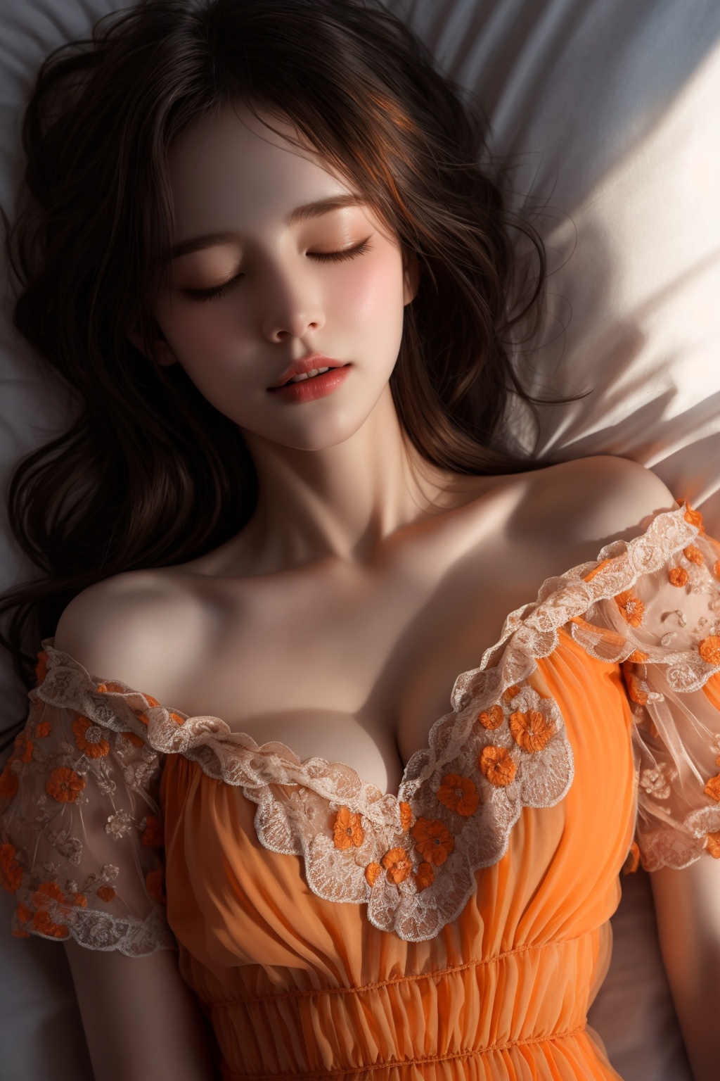 XHC sleep,1girl,solo,closed eyes,realistic,lying,dress,(light orange dress:1.4),bare shoulders,breasts,on back,pillow,lips,long hair,sleeping,brown hair,collarbone,black hair,closed mouth,off shoulder,cleavage,short sleeves,nose,bed sheet,soft light,(see-through:1.3),epic realistic,(dark shot:1.5),(darkness:1.5),(soft light:1.2),(breast:1.3),(cleavage:1.3),<lora:XHC soft light_20240716125739-000018:0.8>,(masterpiece, top quality, best quality, official art, beautiful and aesthetic:1.2),natural skin texture,high detailed skin,(detailed skin:1.5),photorealistic,extreme detail,lifelike,crisp,precise,35mm photograph,film,bokeh,professional,highly detailed, <lora:XHC soft light_20240716125739:0.5>