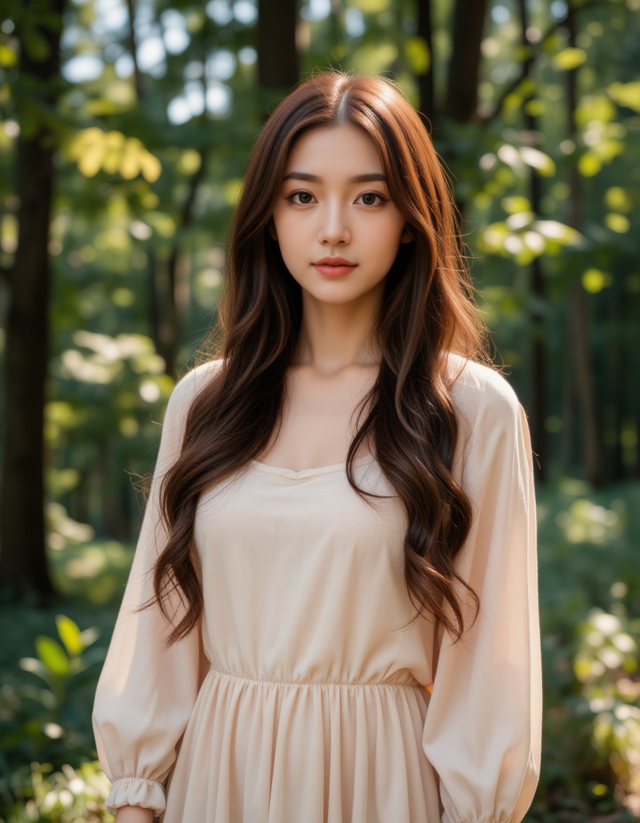 A young asian woman with long,  wavy brown hair and fair skin stands in a sunlit forest,  wearing a light beige on Tensor.Art