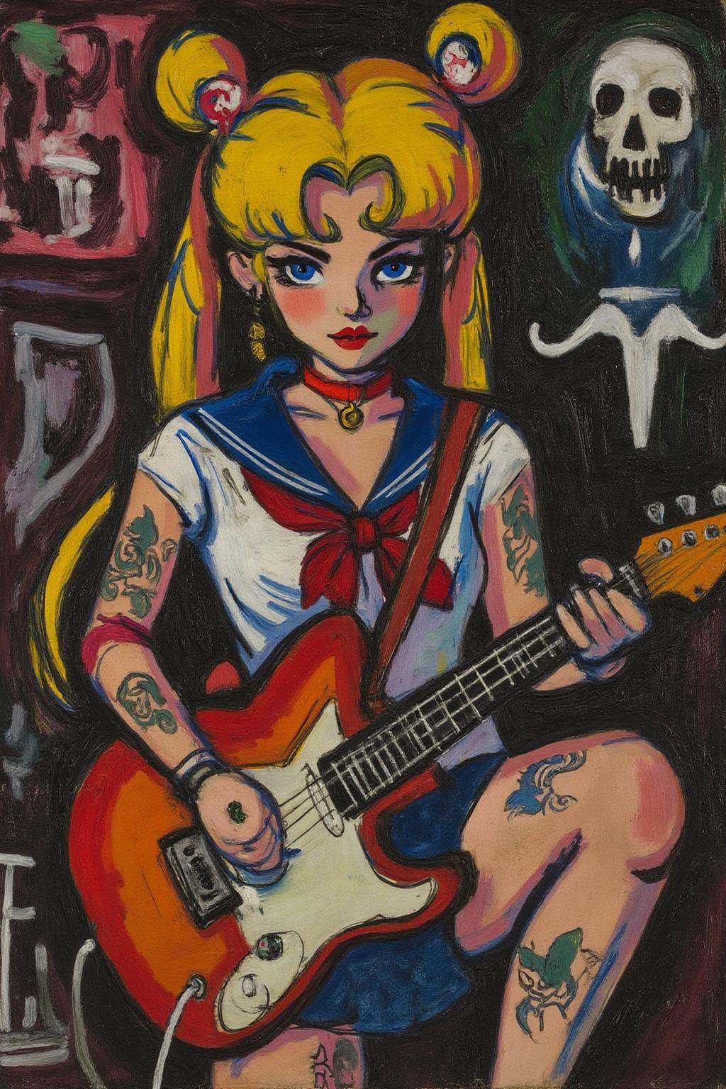 henrylymansayen1 painting.punk sailor moon playing a guitar at a heavy metal mosh pit,  tattoos,  piercing. on Tensor.Art