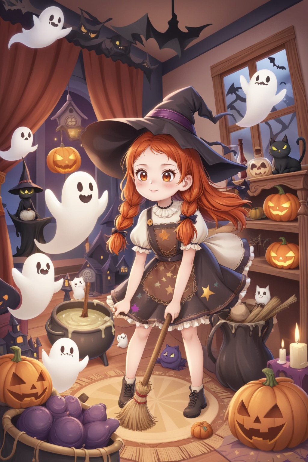 The image is an illustration of a young girl with red hair and a witch hat,standing in a room decorated for Halloween. She is holding a broomstick and appears to be in the middle of a spell. The room is filled with various Halloween-themed items such as ghosts,pumpkins,and a cauldron. There is a cat sitting on the floor next to the witch,looking up at the girl with a curious expression. The background is a red curtain with a spider web hanging from it. The overall mood of the image is spooky and festive.,
