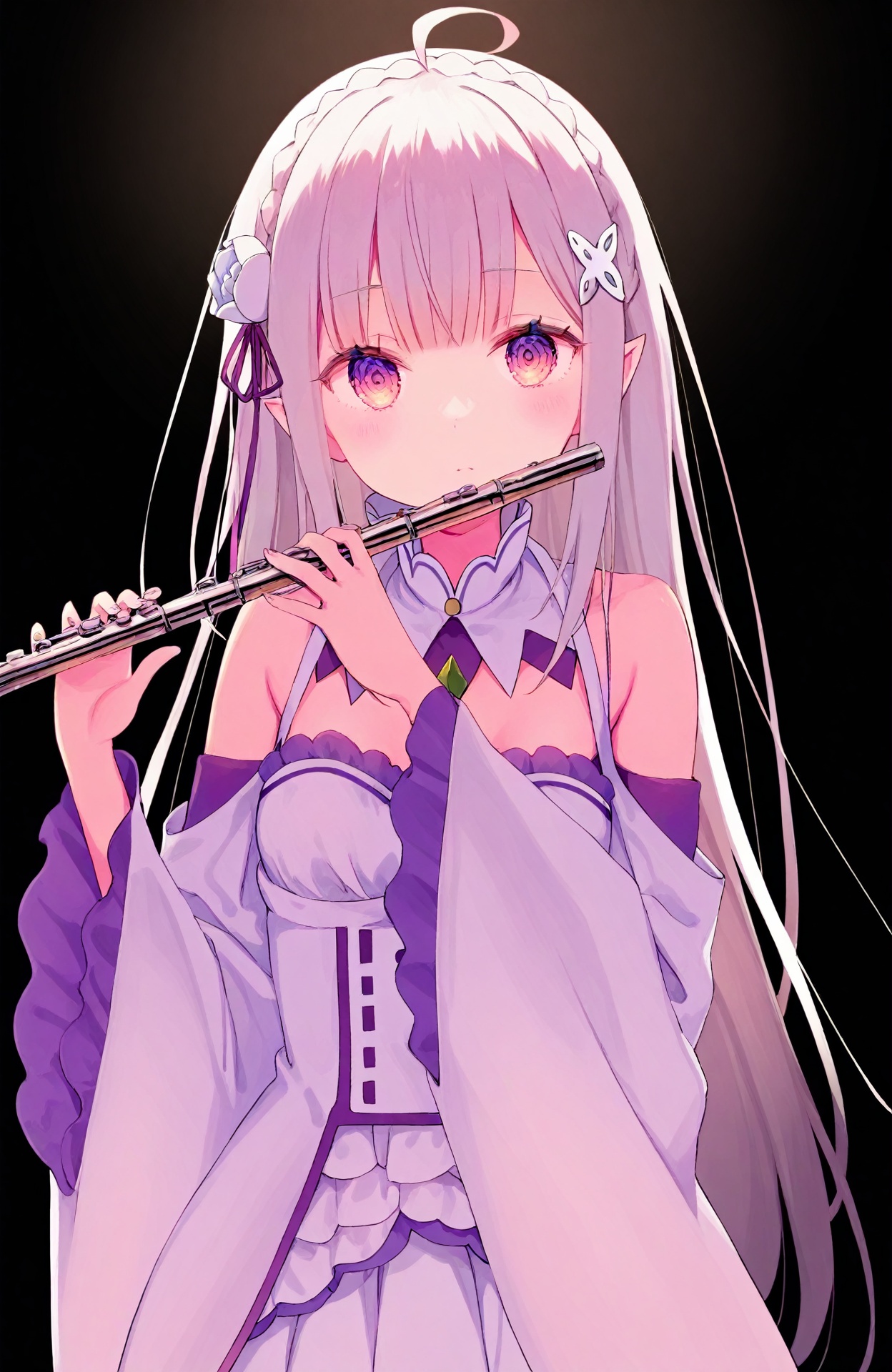 1girl,solo,kuse \(0201\),cream \(nipakupa\),hiten \(hitenkei\),rurudo,weri,toosaka asagi,emilia \(re:zero\),white hair,playing instrument,<lora:instrumentsXL:1>,flute,, masterpiece, newest, absurdres,safe