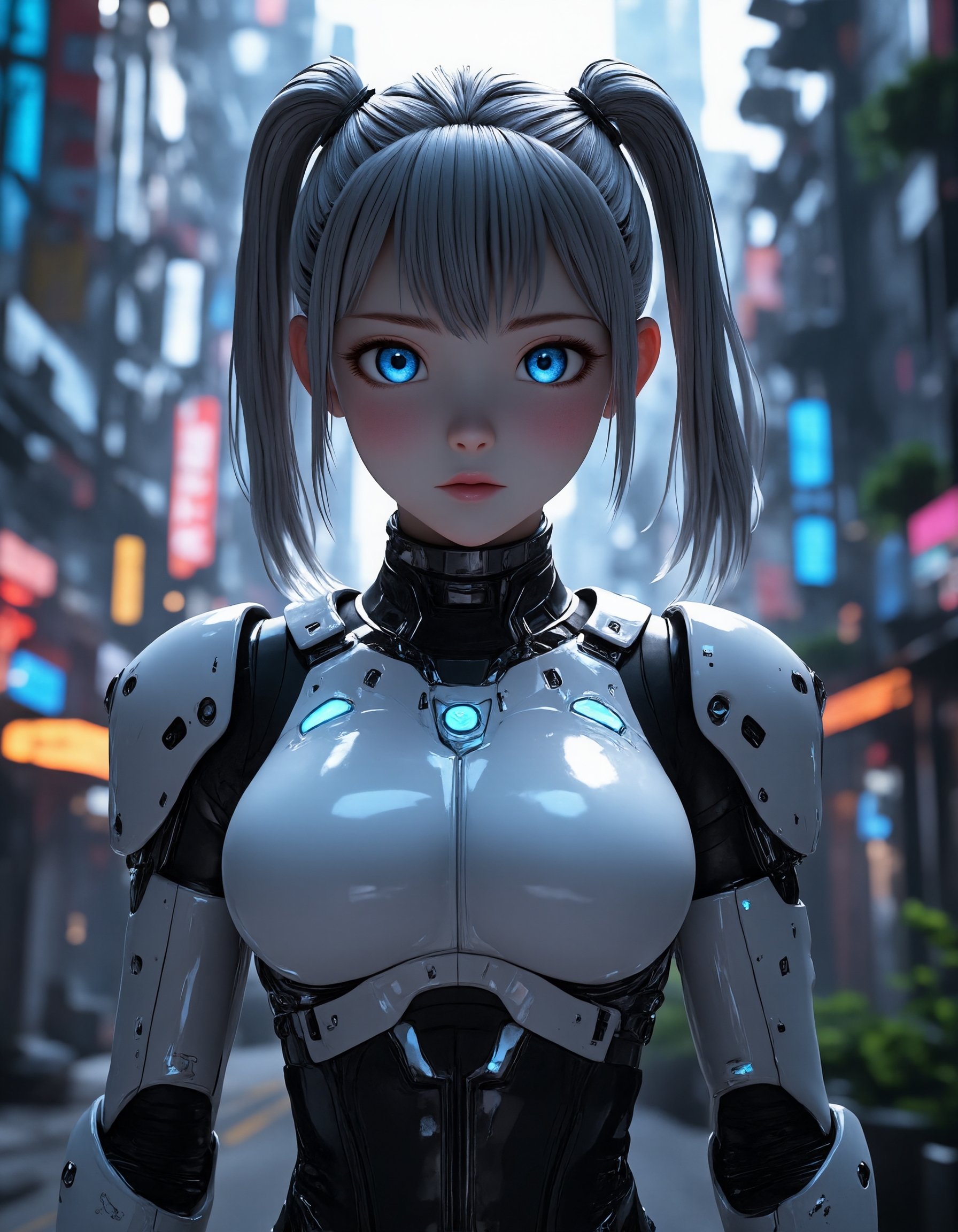Ultra-realistic 3D anime-style female character with silver twin tails,  each flowing naturally,  detailed with soft stran...