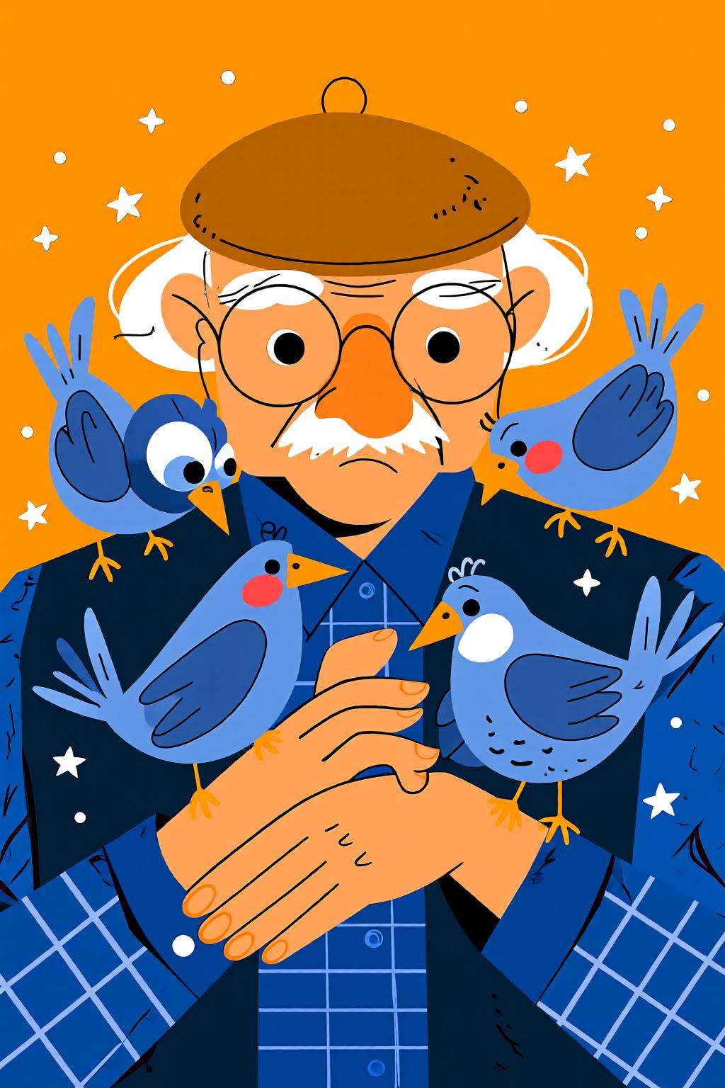flatcolorvectorart2q illustration.An elderly man with white hair and mustache,  wearing a blue and orange plaid shirt and...
