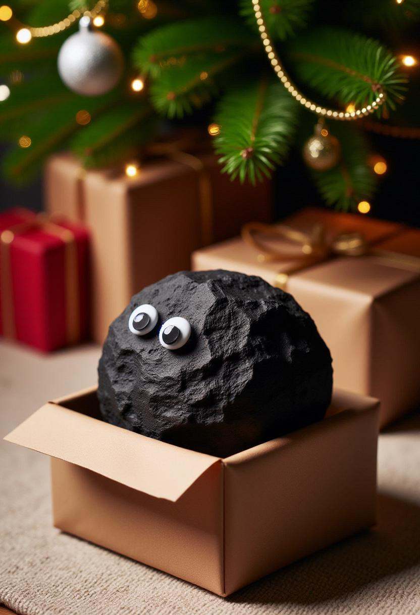The image is a photograph of a simplistic lump of coal with googly eyes,  in an unwrapped giftbox under a Christmas tree ....