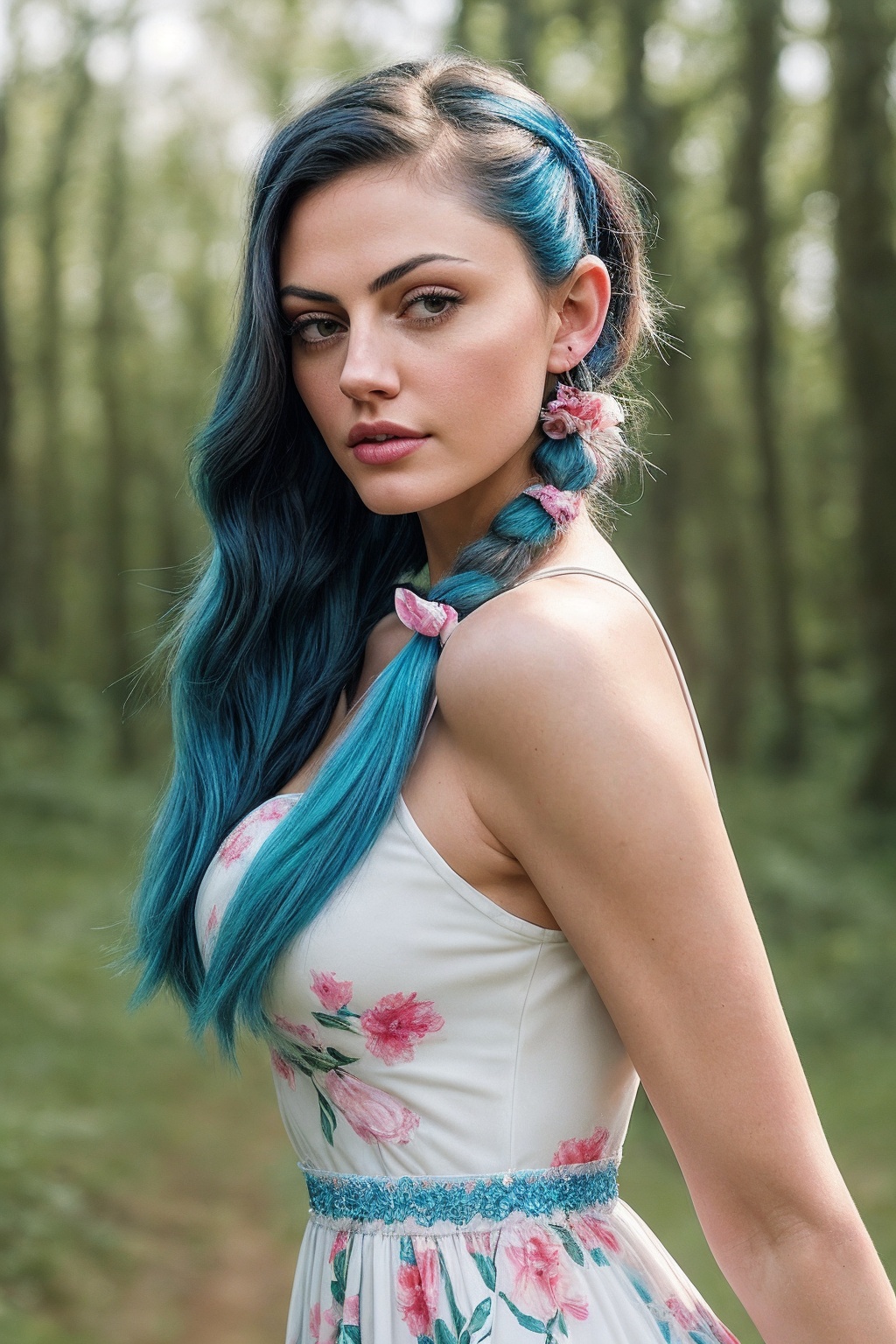 PhoebeT_SoloTI_v1,  (Clad in a whimsical,  colorful dress adorned with floral patterns on Tensor.Art