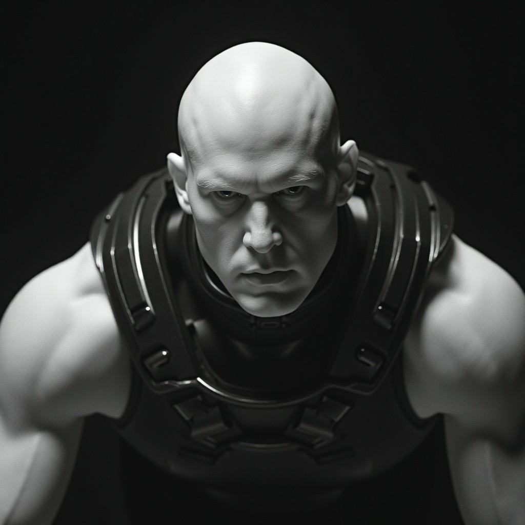 infrared image,  The image is a black and white photograph of a bald,  light-skinned male with a stern on Tensor.Art