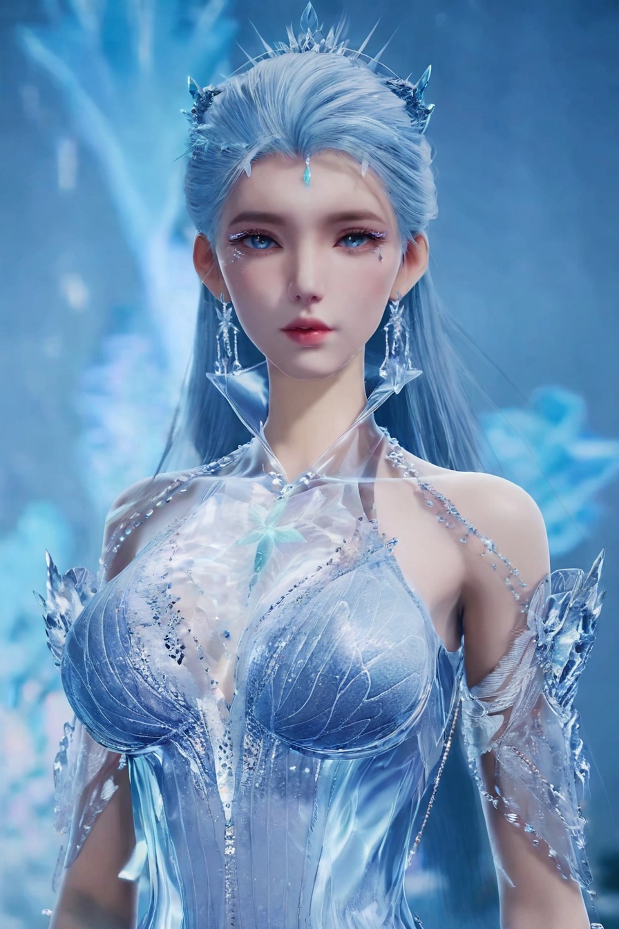 score_9,score_8_up,score_7_up,incredibly absurdres,<lora:SF_XueNv_Pony-000005:0.7>,1girl,solo,dress,large breasts,LightSkyBlue hair,lips,jewelry,earring,long hair,looking at viewer,white background,crystal,gem,