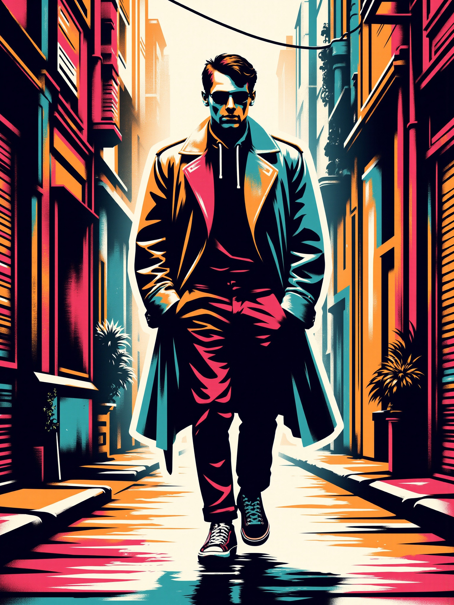 mad-stncl,  man wearing futuristic clothes walking through cyberpunk alley,  flat colors on Tensor.Art
