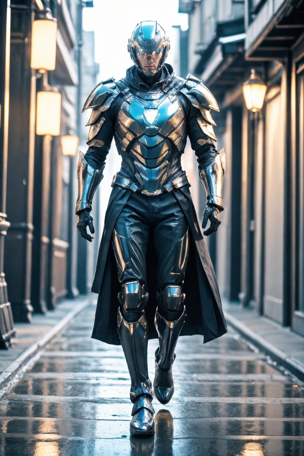 armor, helmet, standing, cape, full armor, full body, science fiction, blurry, boots, shoulder armor, blurry background, male focus, solo, night, 1boy, outdoors, armored boots, gauntlets, breastplate, street, lamppost, coat, walking, cyberpunk, pauldrons, solo focus, building, power armor, city, black armor, looking at viewer, black cape, black pants, arms at sides, black coat, lights, reflection