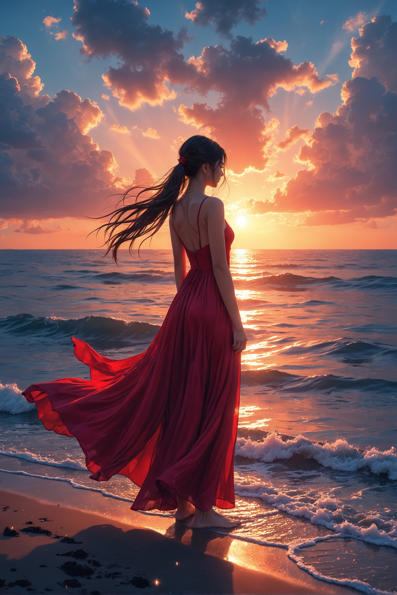 1girl back black hair blue sky day dress facing away fire from behind glowing horizon long dress long hair low ponytail oc...