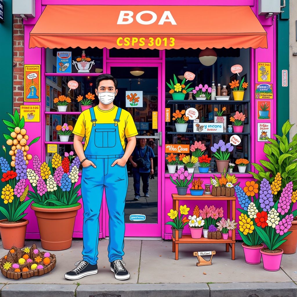 Realitycompositing,there is a man standing in front of a store with a face mask on,james jean and petra cortright,David ****,vivid colorful comics style,artist wearing overalls,vibrant cartoon art,vivid colorful comic style,style of ian hubert,colorful comics style,korean artist,artwork in style of sheng lam,colorful doodle art,victo ngai and tristan eaton,kenny wong x pop mart,juxtapoz aesthetic,illustrated in whimsical style,flower shop scene,trending on artstartion,hsiao-ron,roy lichtenstein and jackie tsai,trending on artstatioin,great use of line work and color,multi-layered artworks,Victor Wang,wonderful compositions,trending on artstration,artist wearing torn overalls,hyung-tae kim,hyung - tae kim,hi - fructose art magazine,art style of noel coypel,trending on artstattion,coloring book style,