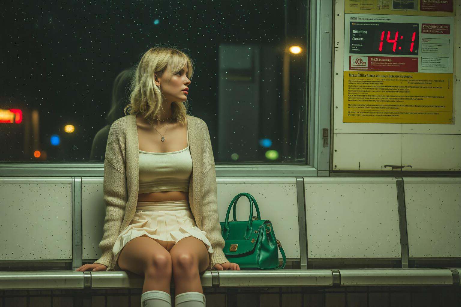 midjourneymix10q photograph.On the left,  a young blonde Danish woman is sitting on a yellow and white bench in what appea...