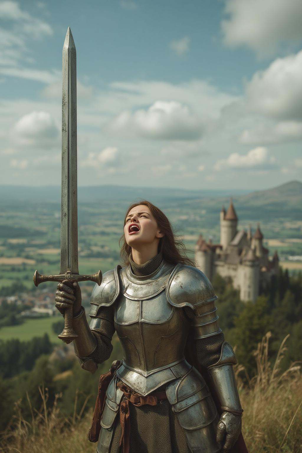 midjourney photograph.Young woman in medieval metal armor,  lifting a giant sword toward the sky. She is shouting angrily....
