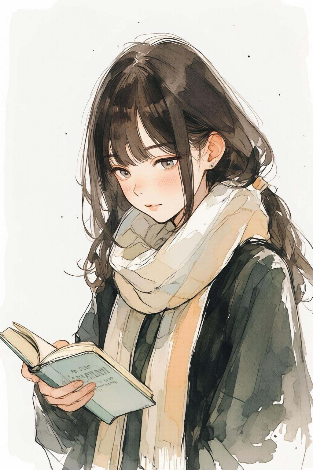 nijiwatercolor1q anime illustration.A young woman is reading a book. She is wearing a dark coat and a light-colored scarf...