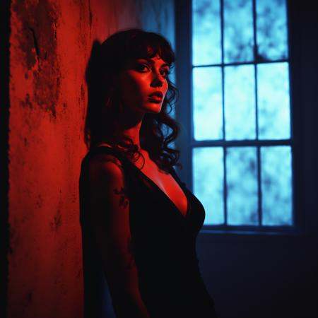 Surreal Retro Horror movie Still,  The image shows a woman in a black dress standing in front of a window with a wall in t...