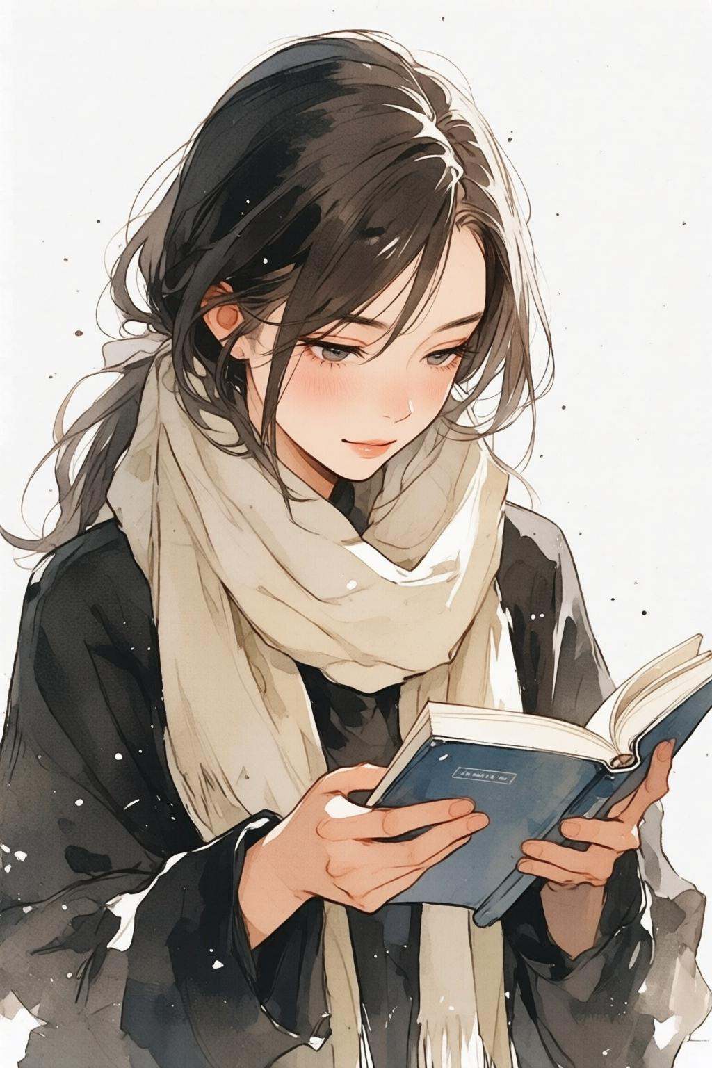 nijimix6q anime style illustration. Watercolor illustration. A young woman is reading a book. She is wearing a dark coat a...