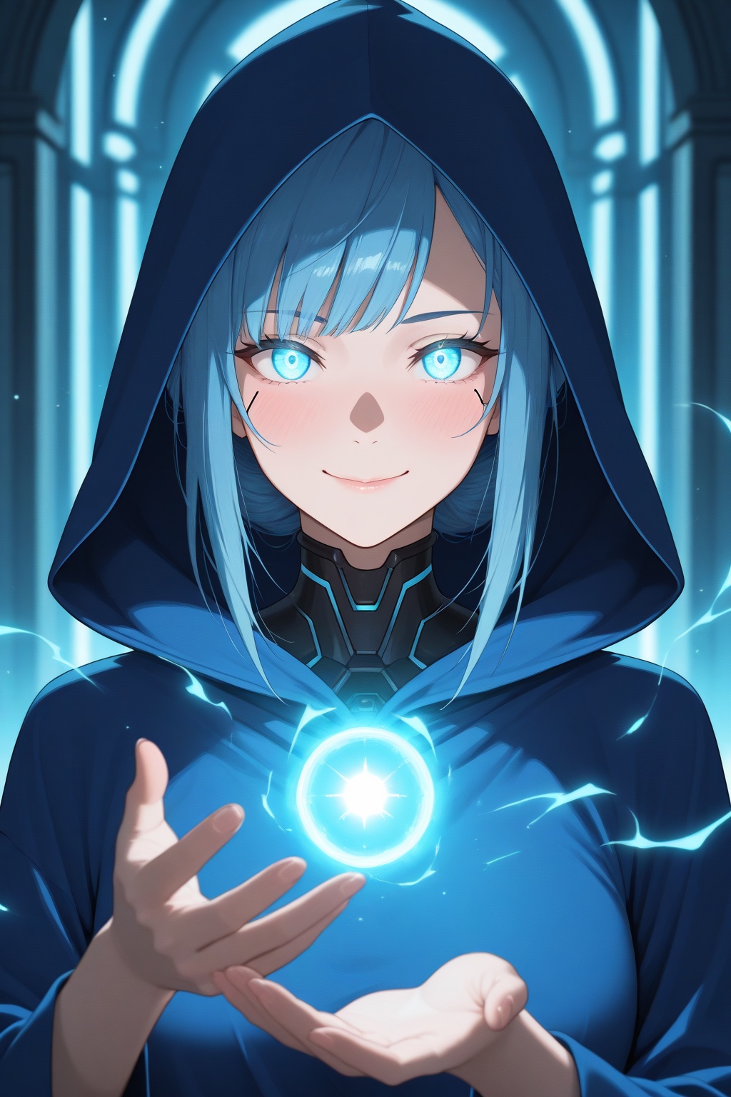 masterpiece, best quality, amazing quality, very aesthetic, high resolution, ultra-detailed, absurdres, newest, 8k UHD, close up, cyborg, 1girl, solo, look at viewer, short blue hair, bobbed hairstyle, bangs, slight smile, happy face, blushing, glowing eyes, cyberpunk, indoors, sorceress, blue robe, hood, magic, fantasy, blue energy aura, blue light particles, neon room
