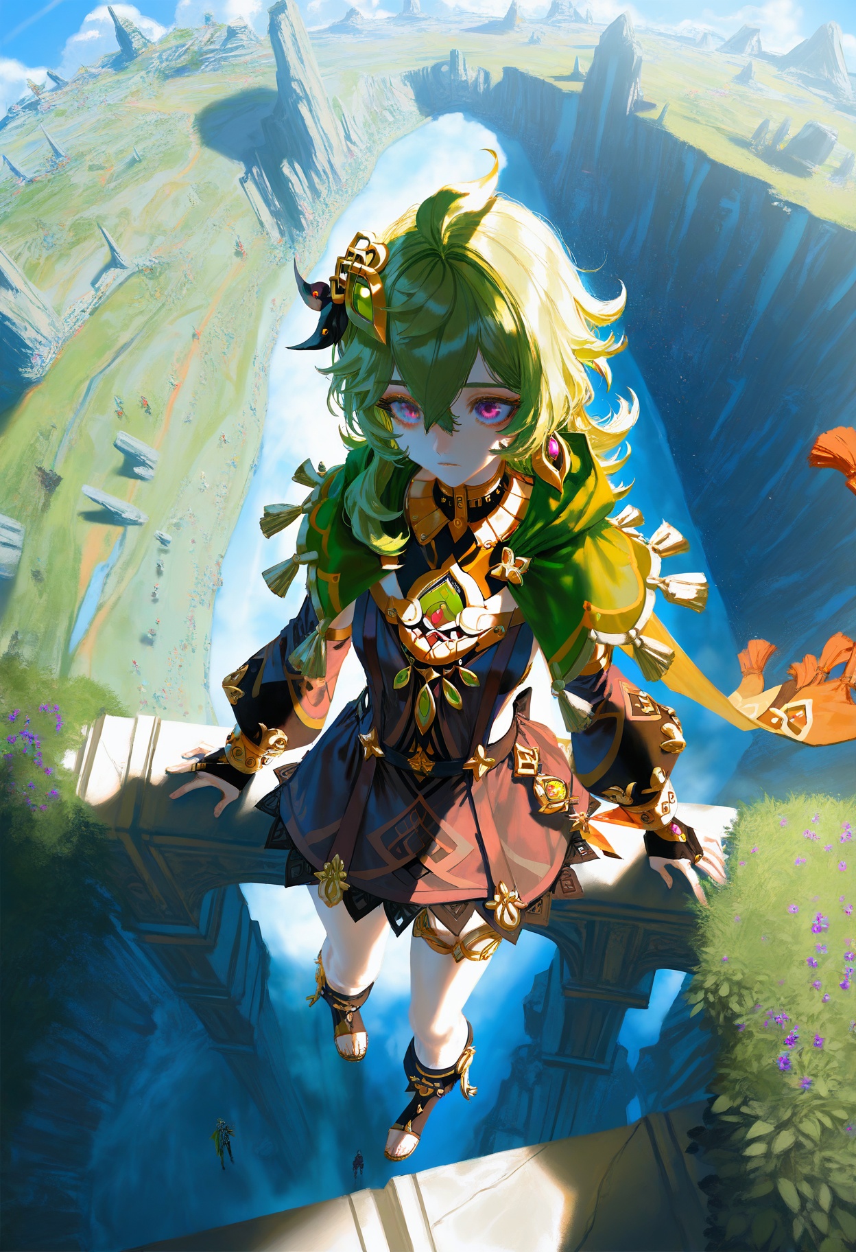 (artist:quasarcake:0.8),extreme aesthetic,(wlop:0.6),honjou honjou raita, collei_(genshin_impact),genshin_impact, from_above,handsome posture,light drag,dreamy colors,colorful,, masterpiece,best quality,amazing quality,very aesthetic,absurdres,newest,scenery,impactful picture,offcial art,movie perspective,
