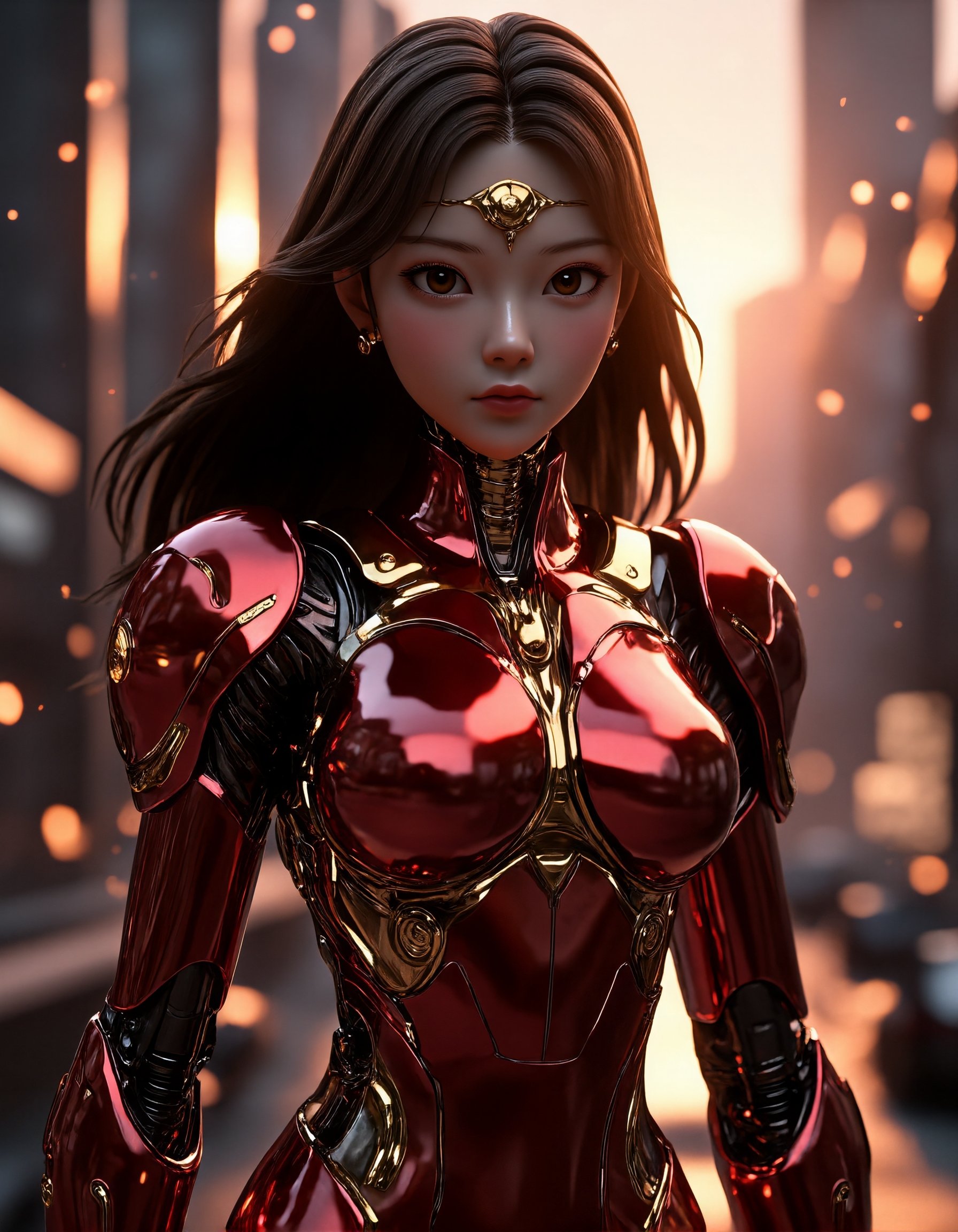 A photorealistic 3d Anime full-body depiction of a futuristic female warrior in a sleek,  metallic red and gold mech suit....