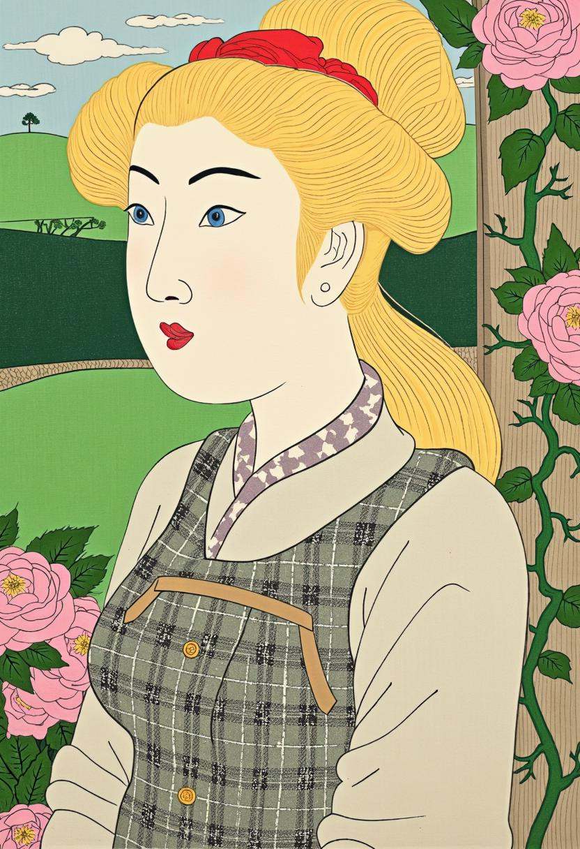 a portrait of a British woman with blonde hair in the Shunga art style,  merging traditional British elegance with Japanes...