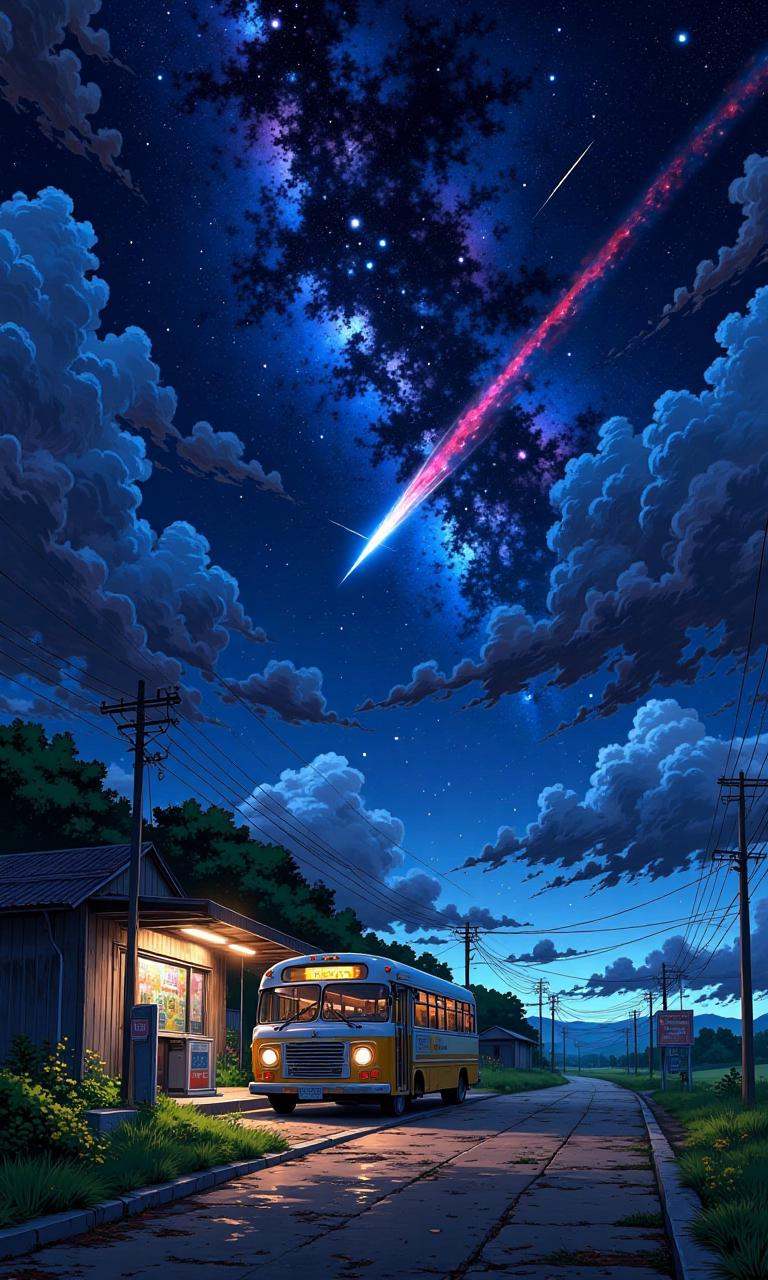 A rural scene with a bus parked at a bus stop and a colorful shooting star flying across the sky on Tensor.Art