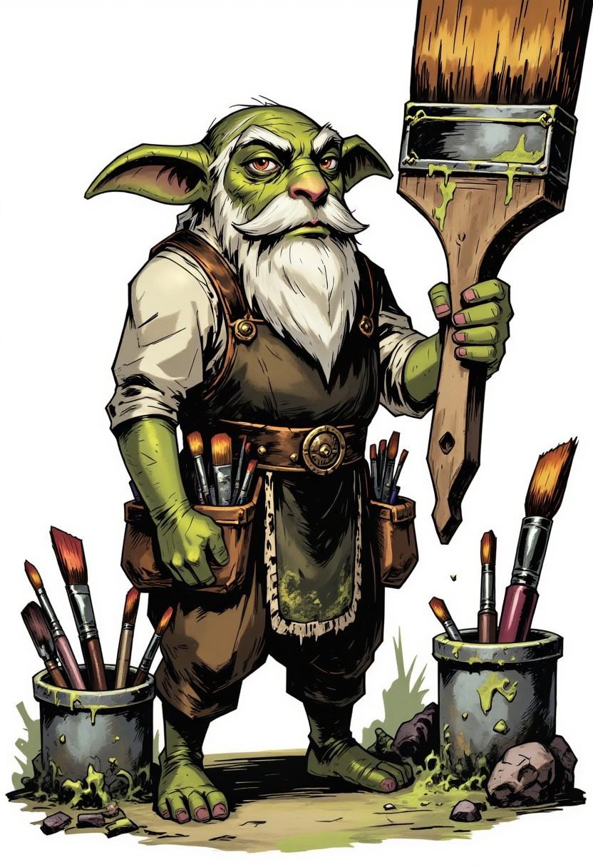 inked comic illustration in TTCSV1.0 artstyle that featuresa a green skined gremlin with long white beard,  gremlin hold a...