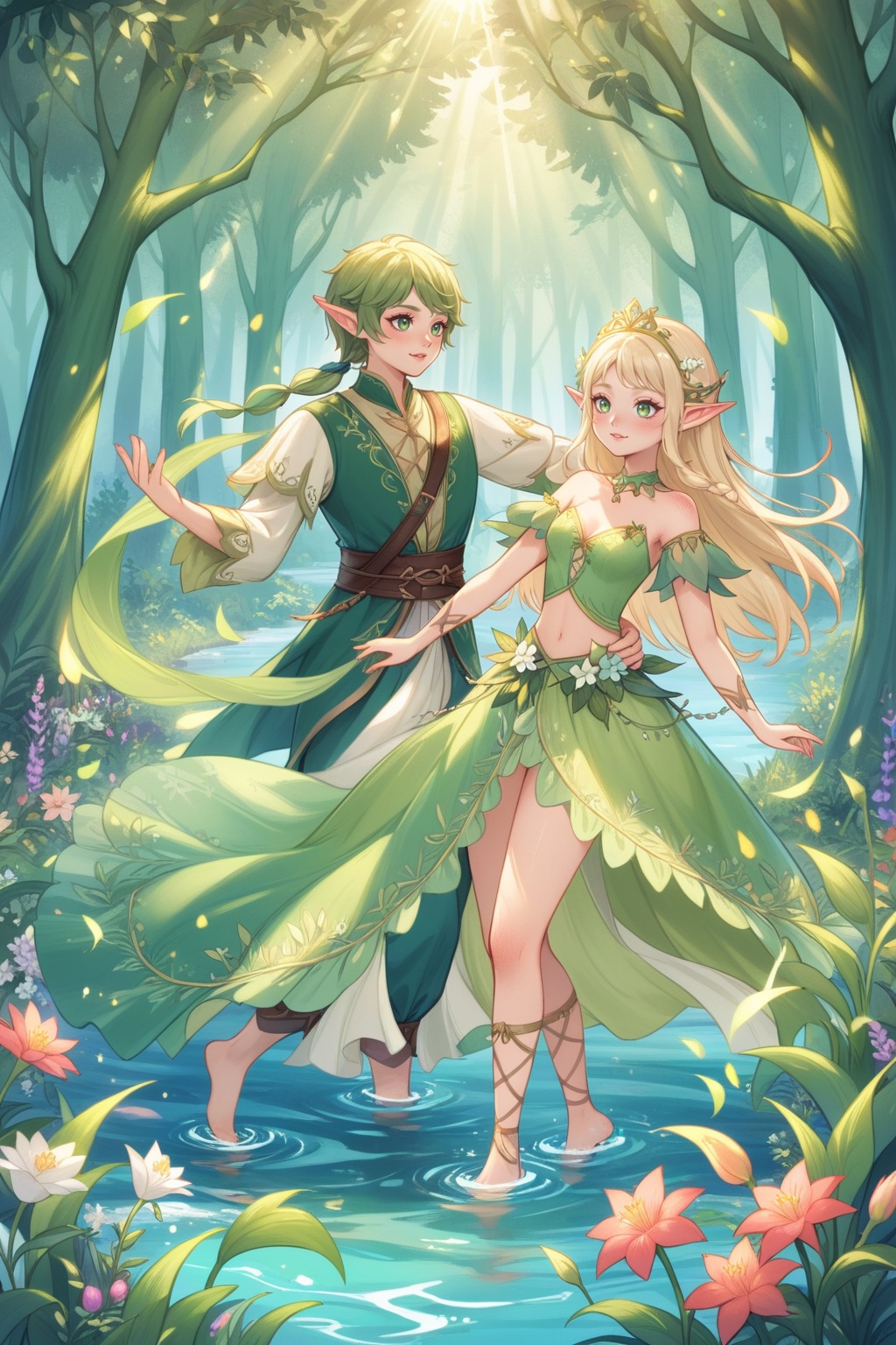 an elf girl,wearing a green flower skirt,dancing with an elf prince,the background is forest,outdoors,standing in the sea of flowers,