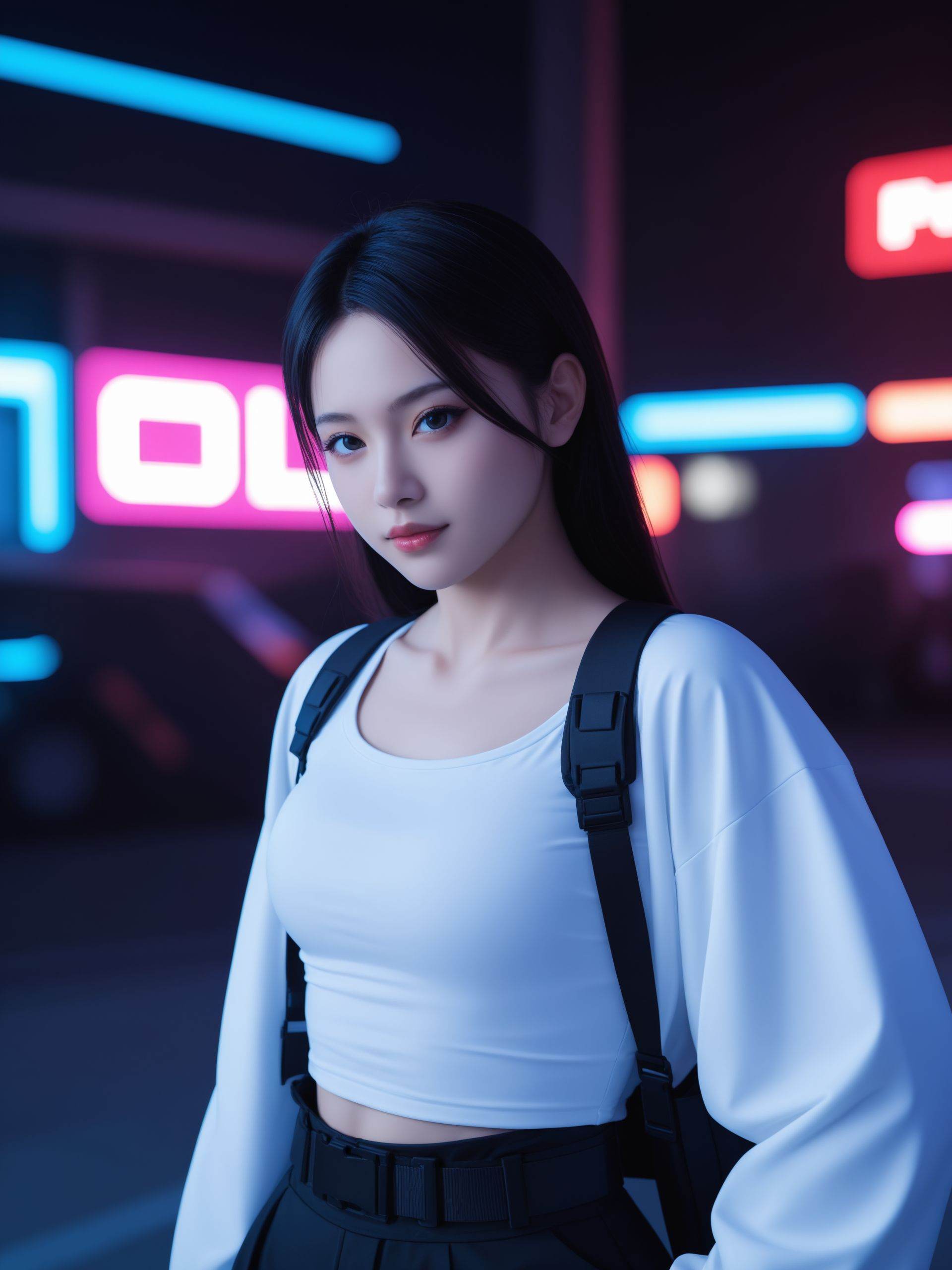 Techwear fashion a young woman,looking at the camera,posing,ulzzang,naver fanpop,ffffound,streaming on twitch,character album cover,blues moment,style of Alessio Albi,daily wear,moody lighting,appropriate comparison of cold and warm,reality, . Futuristic, cyberpunk, urban, tactical, sleek, dark, highly detailed