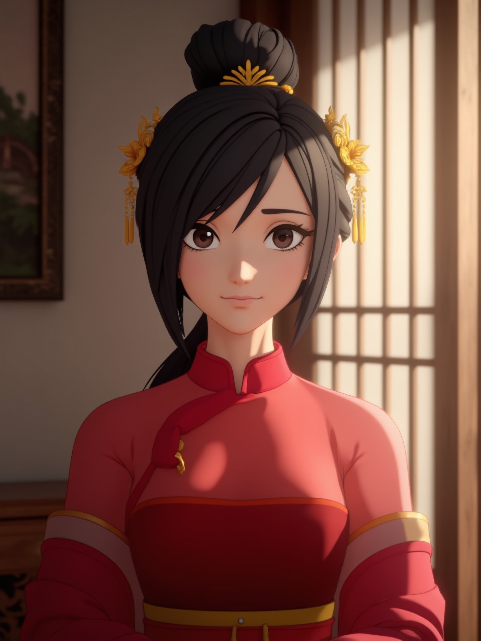 3D style,ancient chinese style,girl wearing red dress,black hair,black eyes,chinese clothes,indoor,