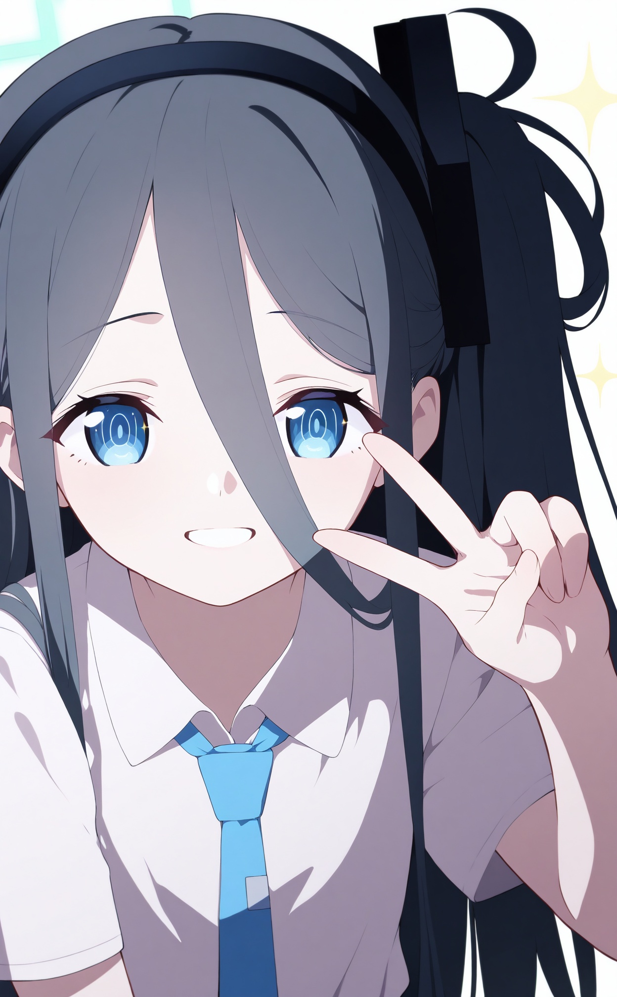 masterpiece,best quality,high quality,loli,1girl,aris \(blue archive\),solo,halo,necktie,blue eyes,smile,blue necktie,long hair,shirt,looking at viewer,white background,white shirt,black hair,hair between eyes,simple background,one side up,upper body,short sleeves,collared shirt,hairband,very long hair,black hairband,hand up,grin,sparkle,v,<lora:BA2——【Illustrious】hans:1>,