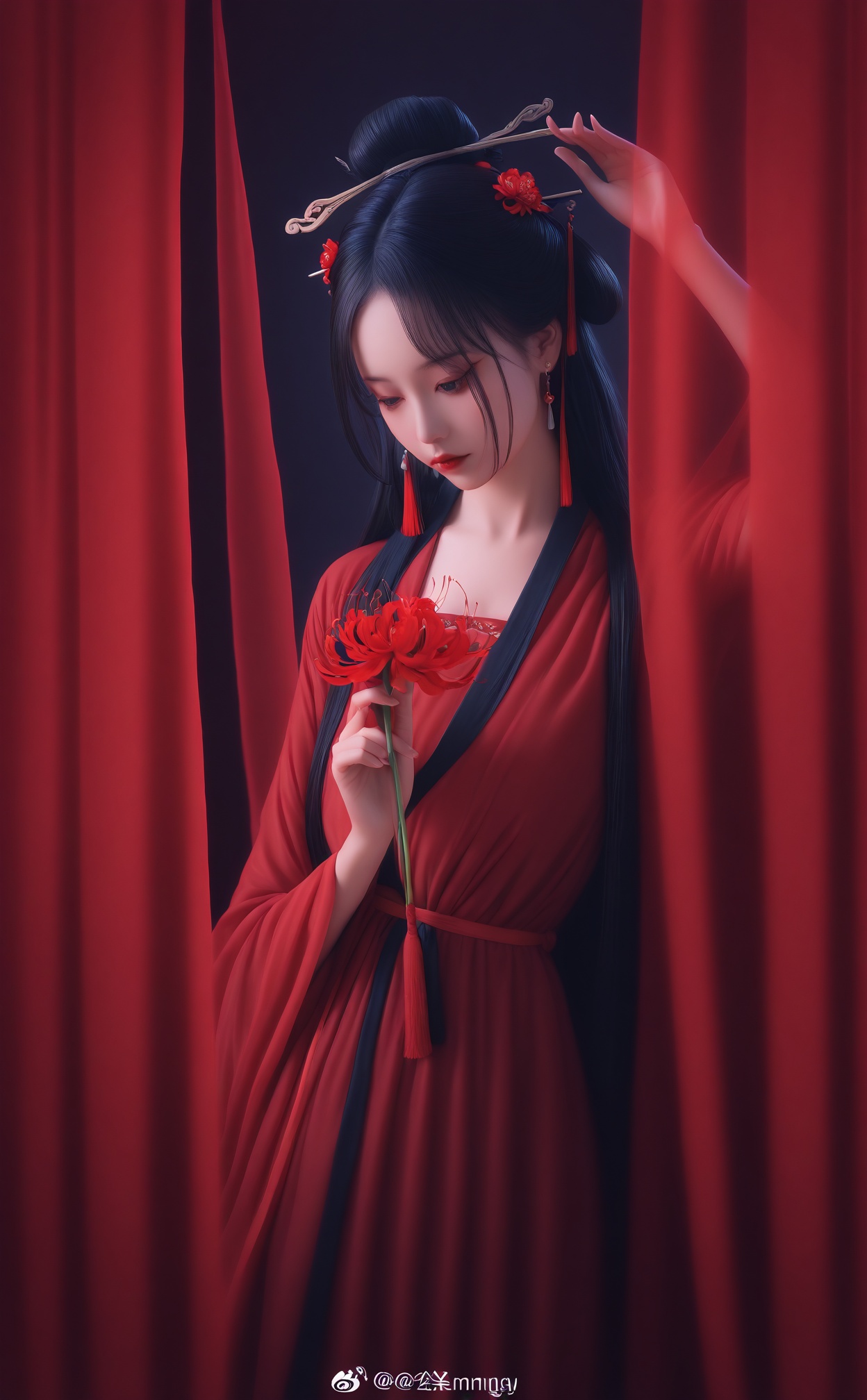 masterpiece,best quality,high quality,1girl,flower,tassel,spider lily,holding flower,curtains,solo,looking down,tassel earrings,hair ornament,upper body,jewelry,earrings,holding,chinese clothes,red flower,black hair,weibo logo,weibo username,light,hanfu,red curtains,long hair,dress,red lips,expressionless,hand up,red theme,realistic,hair bun,blurry,tassel hair ornament,looking at object,arm up,hair stick,dark,ribbon,dark background,